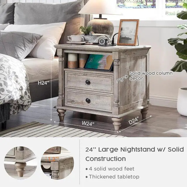 Alt view image 2 of 7 - T4TREAM 24" Farmhouse Nightstands with 2 Drawers, Light Rustic Oak