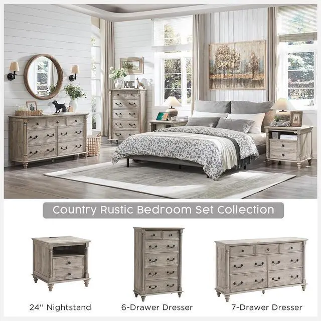 Alt view image 6 of 7 - T4TREAM 24" Farmhouse Nightstands with 2 Drawers, Light Rustic Oak
