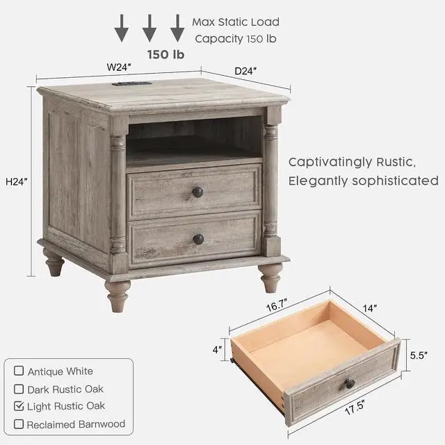 Alt view image 7 of 7 - T4TREAM 24" Farmhouse Nightstands with 2 Drawers, Light Rustic Oak