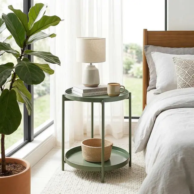 Alt view image 5 of 7 - TeoKJ 2 Tier Green Side Table, Folding Round Metal End Table Small Nightstand with Two Removable Tray for Bedroom Living Room Bedside Small Spaces Dark Green
