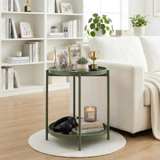 Alt view image 6 of 7 - TeoKJ 2 Tier Green Side Table, Folding Round Metal End Table Small Nightstand with Two Removable Tray for Bedroom Living Room Bedside Small Spaces Dark Green