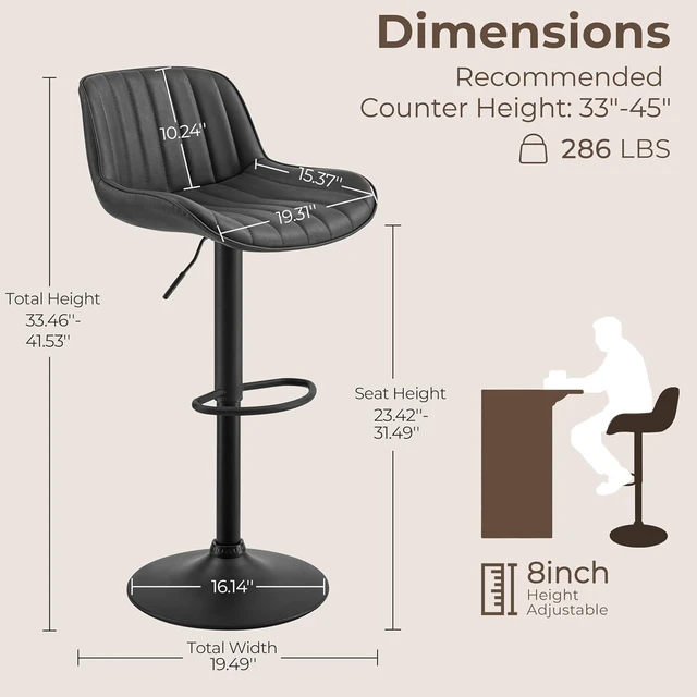 Alt view image 2 of 7 - Volans Bar Stools Set of 2, Mid Century Modern Faux Leather Swivel Barstools Adjustable Height, Counter Height Pub Bar Chair with Back, Black Powder Coated Base, Black Brown