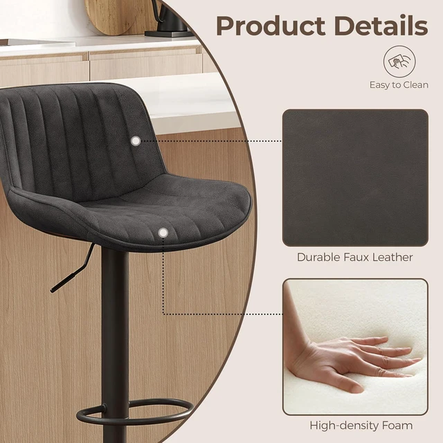 Alt view image 3 of 7 - Volans Bar Stools Set of 2, Mid Century Modern Faux Leather Swivel Barstools Adjustable Height, Counter Height Pub Bar Chair with Back, Black Powder Coated Base, Black Brown