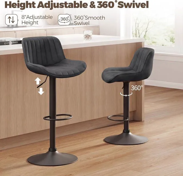 Alt view image 6 of 7 - Volans Bar Stools Set of 2, Mid Century Modern Faux Leather Swivel Barstools Adjustable Height, Counter Height Pub Bar Chair with Back, Black Powder Coated Base, Black Brown