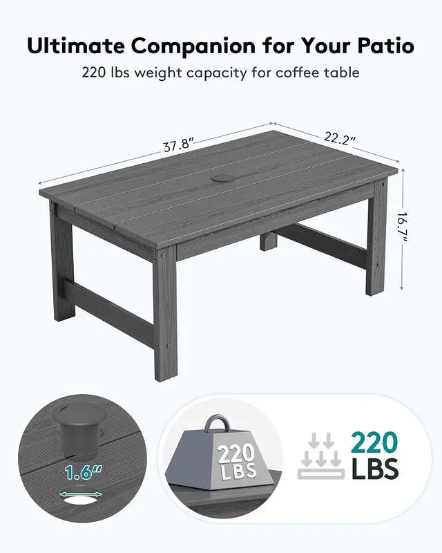 Alt view image 2 of 6 - SERWALL HDPE Patio Coffee Table, Rectangle Outdoor Coffee Table, All-Weather Coffee Side Table for Balcony, Poolside, Deck, Garden, Gray