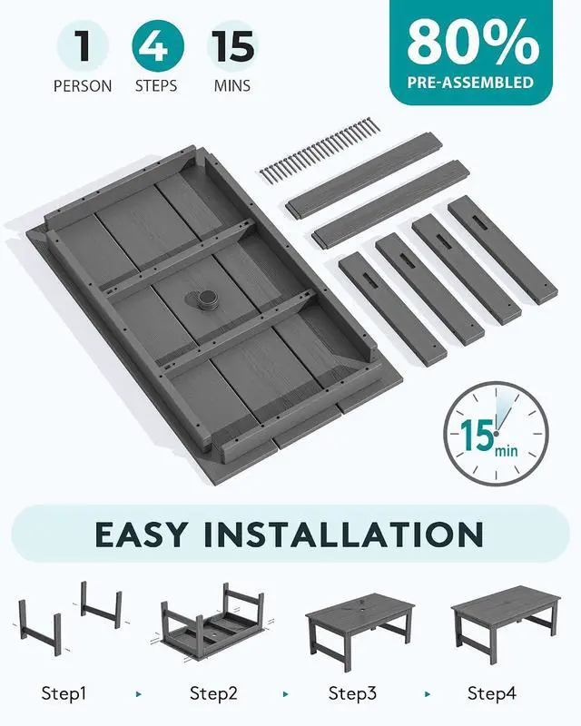 Alt view image 5 of 6 - SERWALL HDPE Patio Coffee Table, Rectangle Outdoor Coffee Table, All-Weather Coffee Side Table for Balcony, Poolside, Deck, Garden, Gray
