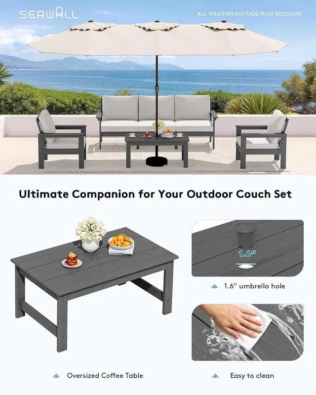 Alt view image 6 of 6 - SERWALL HDPE Patio Coffee Table, Rectangle Outdoor Coffee Table, All-Weather Coffee Side Table for Balcony, Poolside, Deck, Garden, Gray