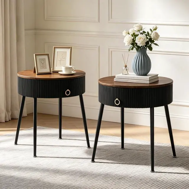 Main image of OIOG End Tables Set of 2, Wood Grain Bedside Tables with Drawer, Black