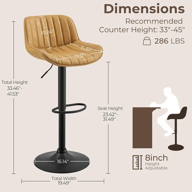 Alt view image 2 of 7 - Volans Bar Stools Set of 2, Mid Century Modern Counter Stools Faux Leather Swivel Adjustable Height, Barstools Bar Height Set of 2 Chair with Back, Black Powder Coated Base, Yellow