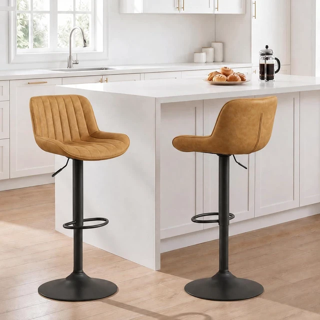 Main image of Volans Bar Stools Set of 2, Mid Century Modern Counter Stools Faux Leather Swivel Adjustable Height, Barstools Bar Height Set of 2 Chair with Back, Black Powder Coated Base, Yellow