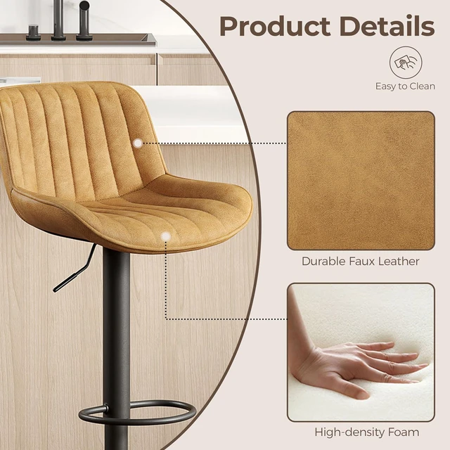 Alt view image 3 of 7 - Volans Bar Stools Set of 2, Mid Century Modern Counter Stools Faux Leather Swivel Adjustable Height, Barstools Bar Height Set of 2 Chair with Back, Black Powder Coated Base, Yellow