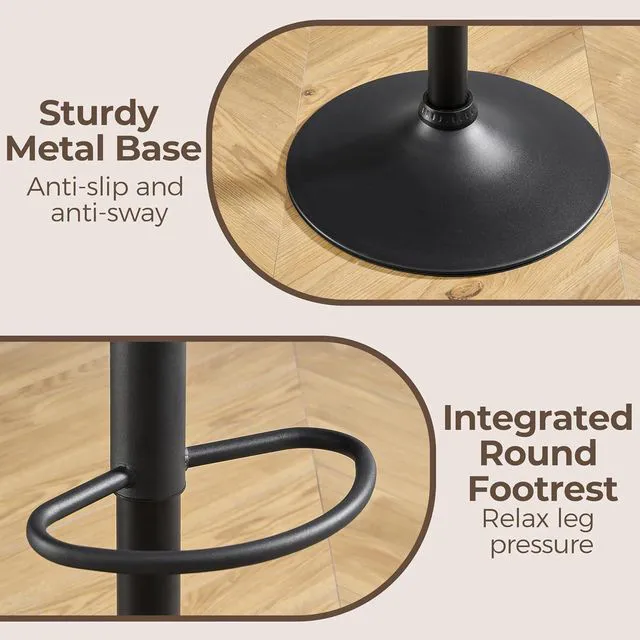 Alt view image 7 of 7 - Volans Bar Stools Set of 2, Mid Century Modern Faux Leather Swivel Barstools Adjustable Height, Counter Height Pub Bar Chair with Back, Black Powder Coated Base, Black Brown