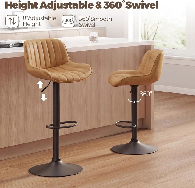 Alt view image 6 of 7 - Volans Bar Stools Set of 2, Mid Century Modern Counter Stools Faux Leather Swivel Adjustable Height, Barstools Bar Height Set of 2 Chair with Back, Black Powder Coated Base, Yellow