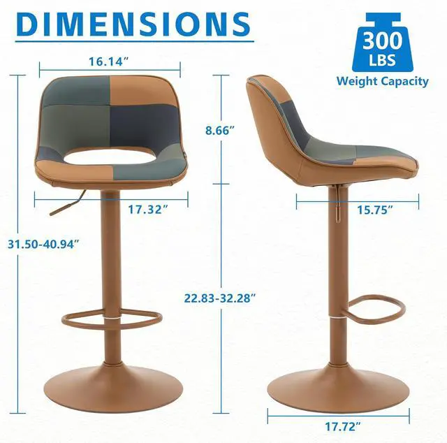 Alt view image 2 of 7 - YOUNIKE Bar Stools Set of 2, Boho Colorful Patchwork Barstools, Adjustable Swivel Counter Height Bar Stool Faux Leather Upholstered Barstool with Back, Compact Bar Chair for Kitchen Island, TanGreen