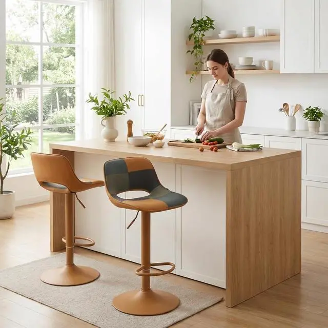 Alt view image 6 of 7 - YOUNIKE Bar Stools Set of 2, Boho Colorful Patchwork Barstools, Adjustable Swivel Counter Height Bar Stool Faux Leather Upholstered Barstool with Back, Compact Bar Chair for Kitchen Island, TanGreen