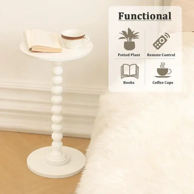 Alt view image 6 of 7 - Fultyle Round Side Table, Small Drink Table for Small Spaces, Modern Accent End Table Nightstand with Solid Wood Leg for Living Room, Bedroom, Corners, and Office (White)