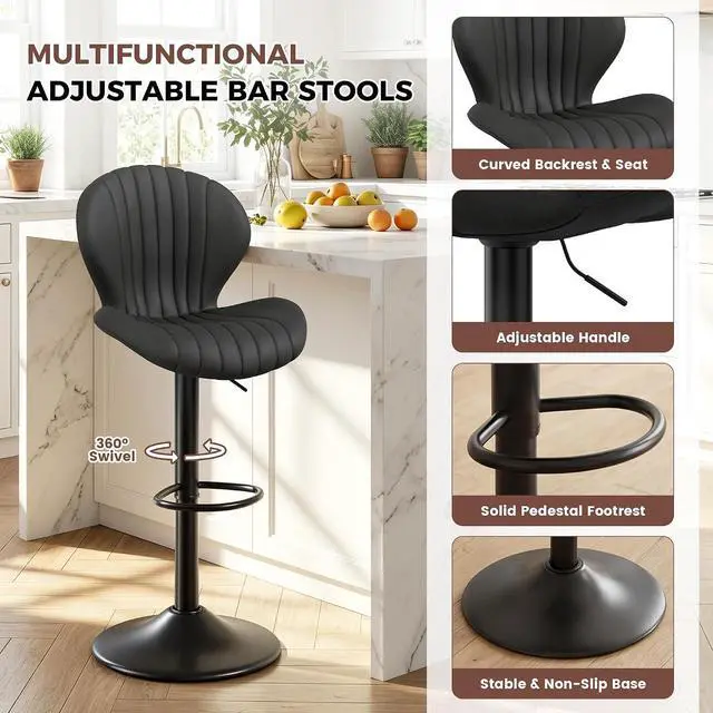 Alt view image 5 of 7 - Nalupatio Bar Stools Set of 3, Adjustable Upholstered Swivel Bar Chairs, Modern Counter Height Barstools with High Backrest for Kitchen Dining Room, Black