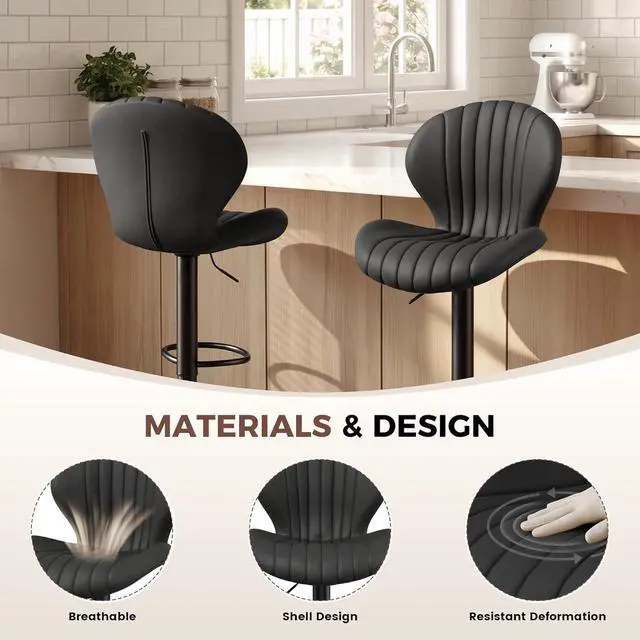Alt view image 6 of 7 - Nalupatio Bar Stools Set of 3, Adjustable Upholstered Swivel Bar Chairs, Modern Counter Height Barstools with High Backrest for Kitchen Dining Room, Black
