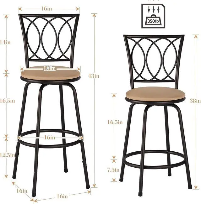 Alt view image 3 of 7 - VECELO Bar Stools, 24/29" Adjustable Barstool,Swivel Counter Stool with Upholstered Seat,Steel Bistro Pub Chairs, Curved Line Backrest, Set of 2