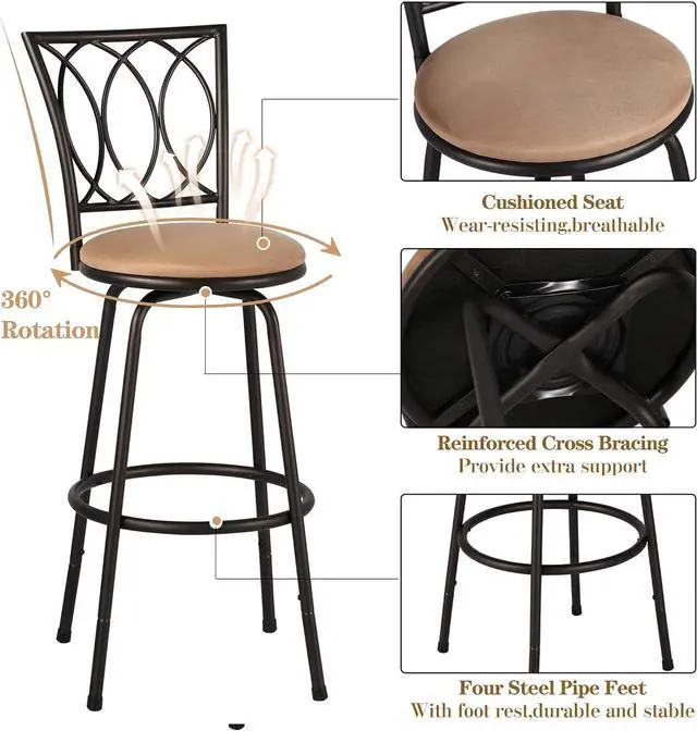 Alt view image 7 of 7 - VECELO Bar Stools, 24/29" Adjustable Barstool,Swivel Counter Stool with Upholstered Seat,Steel Bistro Pub Chairs, Curved Line Backrest, Set of 2