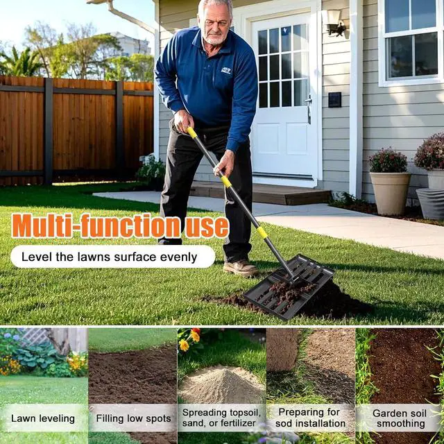 Alt view image 6 of 7 - Lawn Leveling Rake, 62 Inch Adjustable Long Handle Leveling Rake, Black Heavy Duty & 1 Inch Diameter Stainless Steel Handle Lawn Rakes, Lawn Leveler Tool for Soil Grass Golf Field Yard