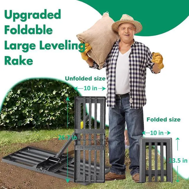 Alt view image 2 of 7 - Lawn Leveling Rake,Folding 30x10 Inch Ground Plate,70 Inch Adjustable Long Handle Yard Level Tool with Curved Edge,Heavy Duty Landscaping Lawn Leveler for Grass, Golf Field, Soil Sand Dirt Spreader