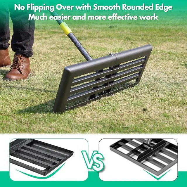 Alt view image 3 of 7 - Lawn Leveling Rake,Folding 30x10 Inch Ground Plate,70 Inch Adjustable Long Handle Yard Level Tool with Curved Edge,Heavy Duty Landscaping Lawn Leveler for Grass, Golf Field, Soil Sand Dirt Spreader
