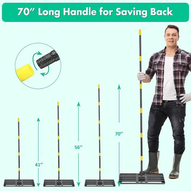 Alt view image 4 of 7 - Lawn Leveling Rake,Folding 30x10 Inch Ground Plate,70 Inch Adjustable Long Handle Yard Level Tool with Curved Edge,Heavy Duty Landscaping Lawn Leveler for Grass, Golf Field, Soil Sand Dirt Spreader