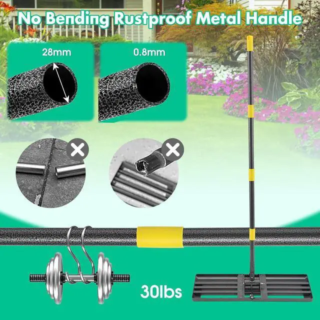 Alt view image 5 of 7 - Lawn Leveling Rake,Folding 30x10 Inch Ground Plate,70 Inch Adjustable Long Handle Yard Level Tool with Curved Edge,Heavy Duty Landscaping Lawn Leveler for Grass, Golf Field, Soil Sand Dirt Spreader