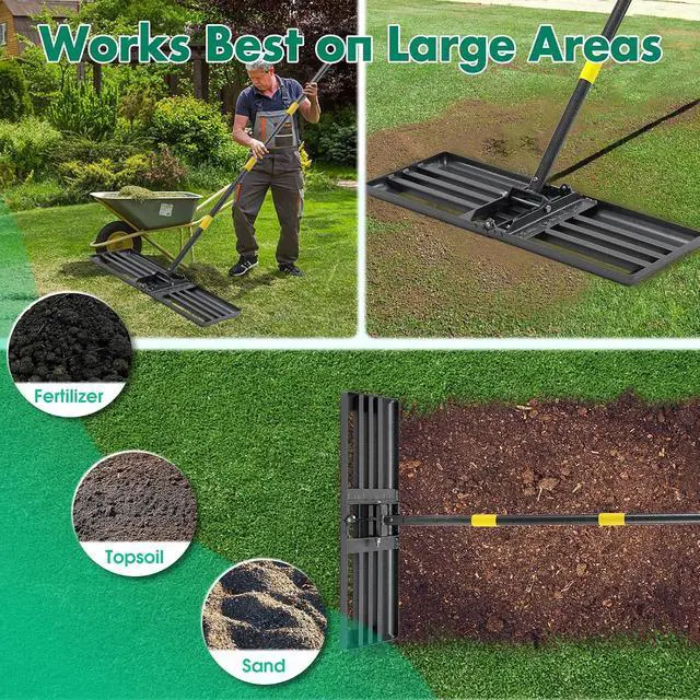 Alt view image 6 of 7 - Lawn Leveling Rake,Folding 30x10 Inch Ground Plate,70 Inch Adjustable Long Handle Yard Level Tool with Curved Edge,Heavy Duty Landscaping Lawn Leveler for Grass, Golf Field, Soil Sand Dirt Spreader