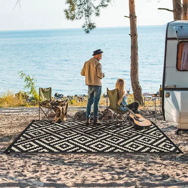Alt view image 2 of 6 - GENIMO Outdoor Rug, Waterproof Plastic Rugs for Patio, 6'x9' Black Beige