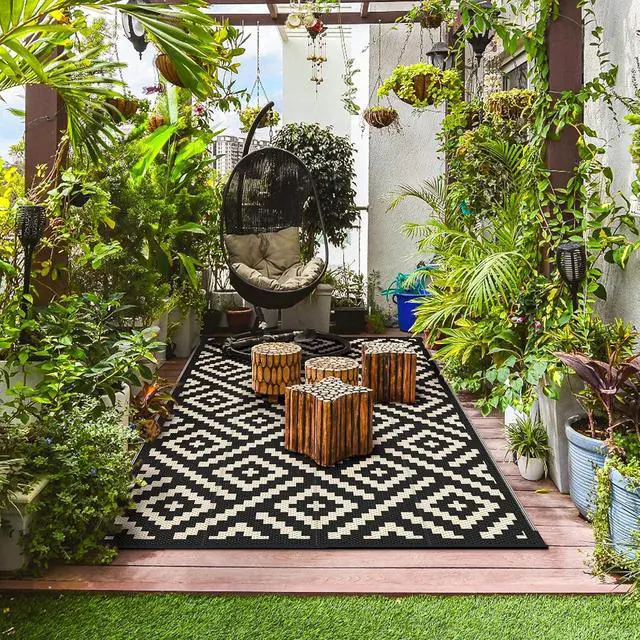 Alt view image 3 of 6 - GENIMO Outdoor Rug, Waterproof Plastic Rugs for Patio, 6'x9' Black Beige