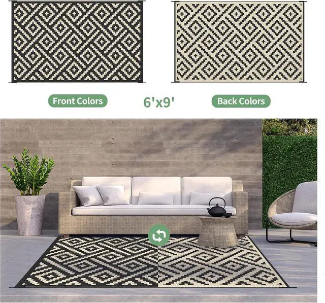 Alt view image 4 of 6 - GENIMO Outdoor Rug, Waterproof Plastic Rugs for Patio, 6'x9' Black Beige