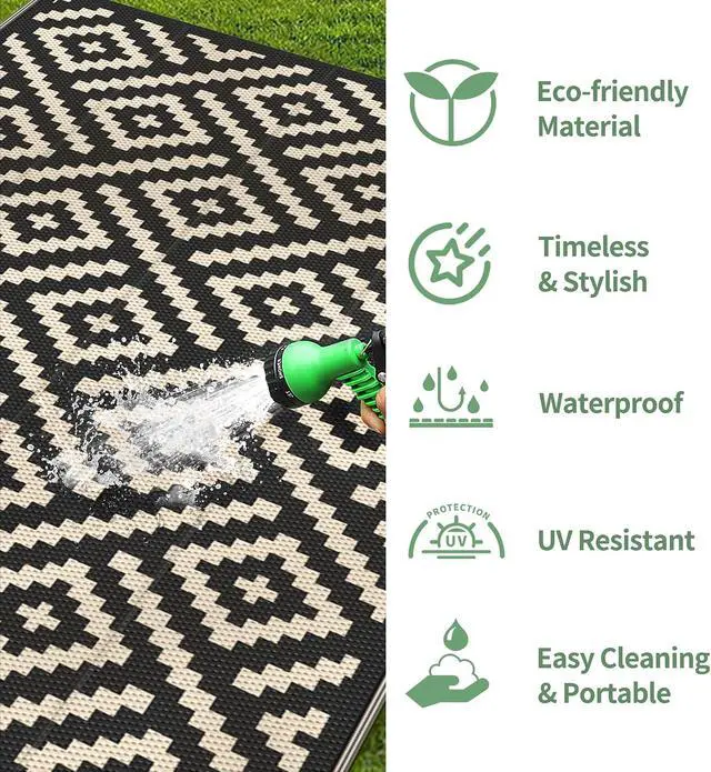 Alt view image 5 of 6 - GENIMO Outdoor Rug, Waterproof Plastic Rugs for Patio, 6'x9' Black Beige
