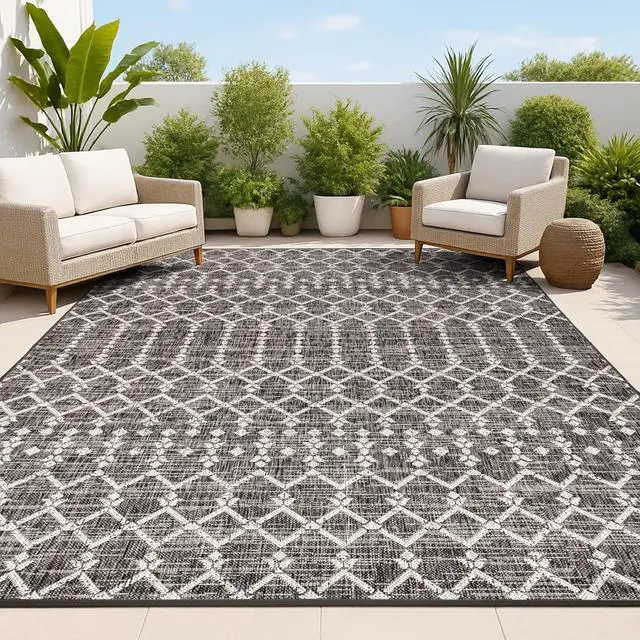 Main image of JONATHAN Y Moroccan Geometric Indoor Outdoor Area Rug 4X6 Black/Gray, Ourika Textured Weave for Backyard, Patio, Porch, Easy-Cleaning, High Traffic, Pet-Friendly, Non-Shedding (SMB108F-4)
