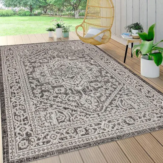 Alt view image 3 of 7 - JONATHAN Y Medallion Weave Indoor Outdoor Area Rug 3X5 Gray/Black, Sinjuri Textured for Backyard, Patio, Porch, Easy-Cleaning, High Traffic, Pet-Friendly, Non-Shedding (SMB101D-3)