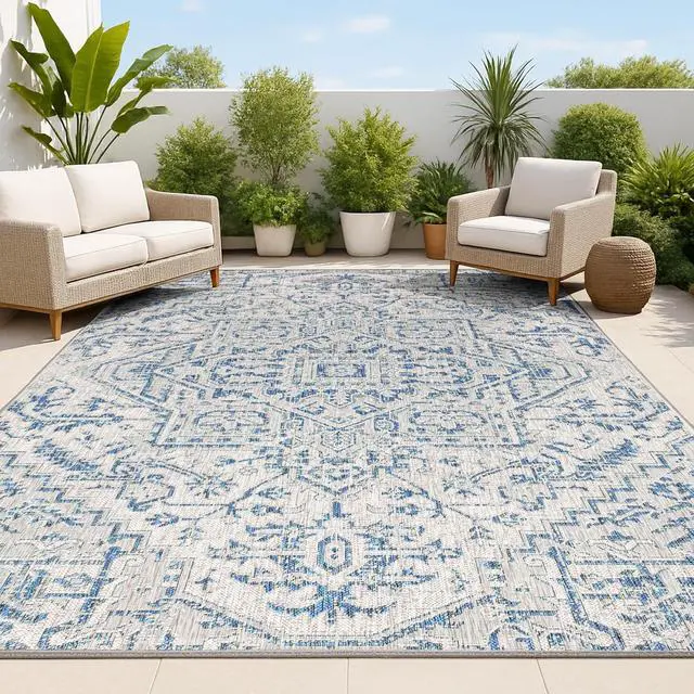 Main image of JONATHAN Y Boho Medallion Indoor Outdoor Area Rug 4X6 Navy/Gray, Estrella Textured Weave for Backyard, Patio, Porch, Easy-Cleaning, High Traffic, Pet-Friendly, Non-Shedding (SMB105B-4)