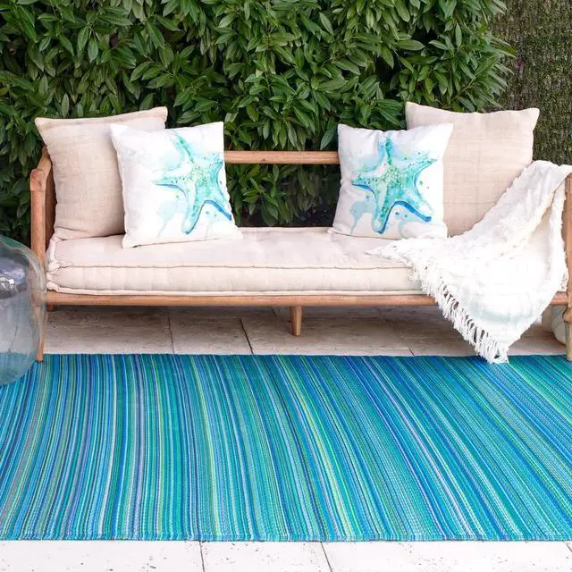 Main image of Fab Habitat Outdoor Rug - Waterproof, Fade Resistant, Crease-Free - Premium Recycled Plastic - Striped - Patio, Deck, Porch, Balcony, Laundry Room - Cancun - Turquoise & Moss Green - 4 x 6 ft