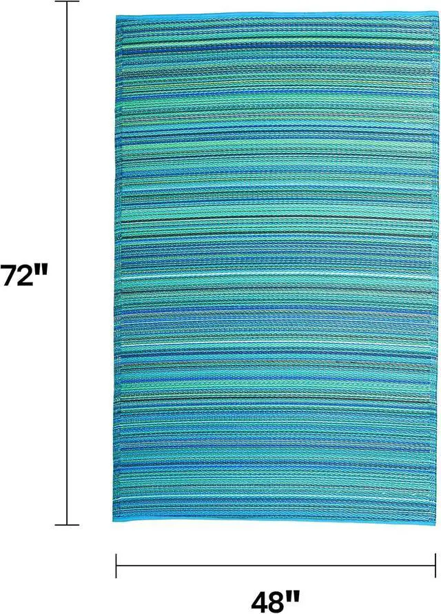Alt view image 2 of 7 - Fab Habitat Outdoor Rug - Waterproof, Fade Resistant, Crease-Free - Premium Recycled Plastic - Striped - Patio, Deck, Porch, Balcony, Laundry Room - Cancun - Turquoise & Moss Green - 4 x 6 ft