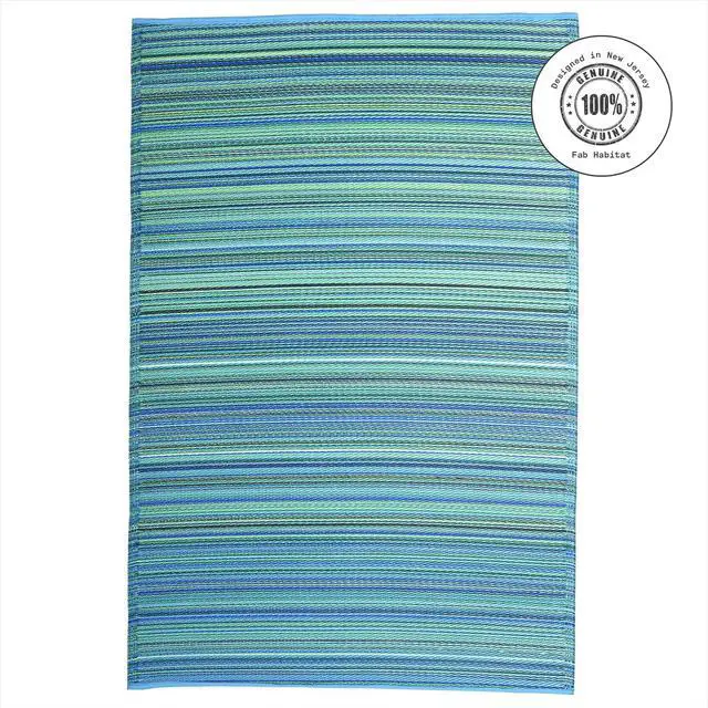 Alt view image 3 of 7 - Fab Habitat Outdoor Rug - Waterproof, Fade Resistant, Crease-Free - Premium Recycled Plastic - Striped - Patio, Deck, Porch, Balcony, Laundry Room - Cancun - Turquoise & Moss Green - 4 x 6 ft