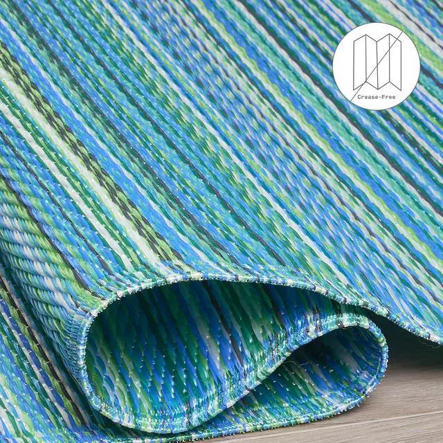 Alt view image 5 of 7 - Fab Habitat Outdoor Rug - Waterproof, Fade Resistant, Crease-Free - Premium Recycled Plastic - Striped - Patio, Deck, Porch, Balcony, Laundry Room - Cancun - Turquoise & Moss Green - 4 x 6 ft