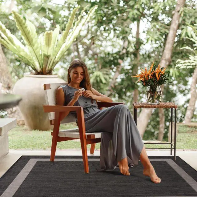 Alt view image 5 of 7 - CAMILSON Outdoor Rug 6x9,Modern Outside Rugs for Patios Porches Waterproof Durable Washable Non-Shedding, Easy-to-Clean Indoor Outdoor Area Carpet (6 x 9, Bordered - Dark Gray/Light Gray)