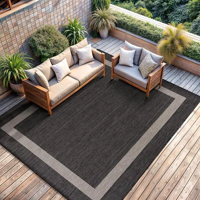 Alt view image 7 of 7 - CAMILSON Outdoor Rug 6x9,Modern Outside Rugs for Patios Porches Waterproof Durable Washable Non-Shedding, Easy-to-Clean Indoor Outdoor Area Carpet (6 x 9, Bordered - Dark Gray/Light Gray)