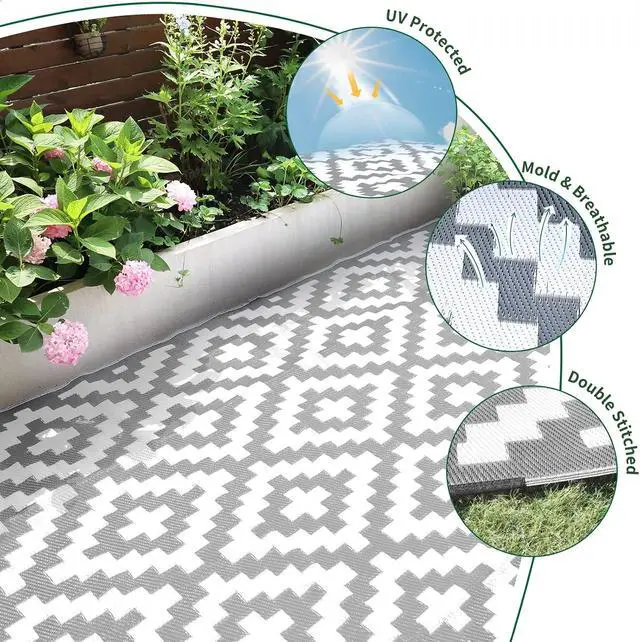 Alt view image 6 of 6 - RVGUARD Outdoor Rugs, Reversible Patio Mat 9 x 12 ft, Gray & White