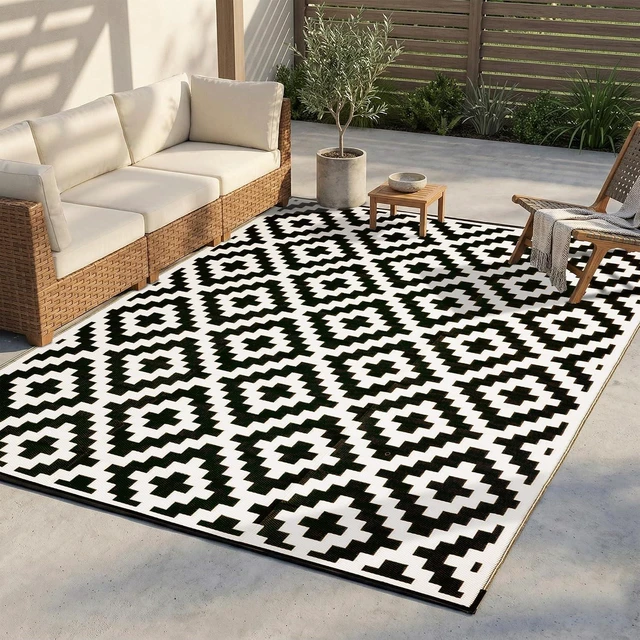 Main image of FH Home Outdoor Camping Rug - Waterproof, Fade Resistant, Reversible - Premium Recycled Plastic - Geometric - Large Patio, Deck, Sunroom, RV - Aztec - Black & White - 9 x 12 ft Foldable