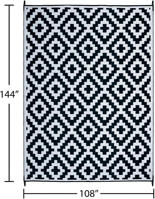 Alt view image 2 of 7 - FH Home Outdoor Camping Rug - Waterproof, Fade Resistant, Reversible - Premium Recycled Plastic - Geometric - Large Patio, Deck, Sunroom, RV - Aztec - Black & White - 9 x 12 ft Foldable