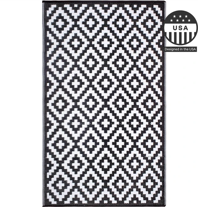 Alt view image 3 of 7 - FH Home Outdoor Camping Rug - Waterproof, Fade Resistant, Reversible - Premium Recycled Plastic - Geometric - Large Patio, Deck, Sunroom, RV - Aztec - Black & White - 9 x 12 ft Foldable