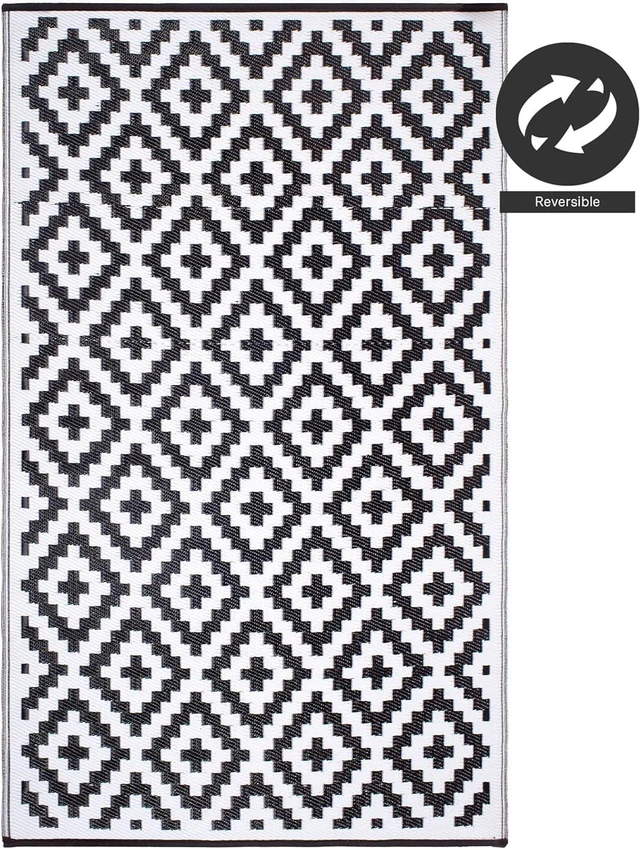 Alt view image 4 of 7 - FH Home Outdoor Camping Rug - Waterproof, Fade Resistant, Reversible - Premium Recycled Plastic - Geometric - Large Patio, Deck, Sunroom, RV - Aztec - Black & White - 9 x 12 ft Foldable