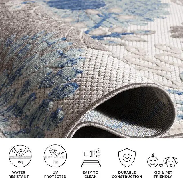 Alt view image 7 of 7 - SAFAVIEH Washable Rug Outdoor Cabana Collection - 8' x 10', Grey & Blue, Non-Shedding & Easy to Clean, Ideal for Patio, Backyard, Mudroom (CBN832F)