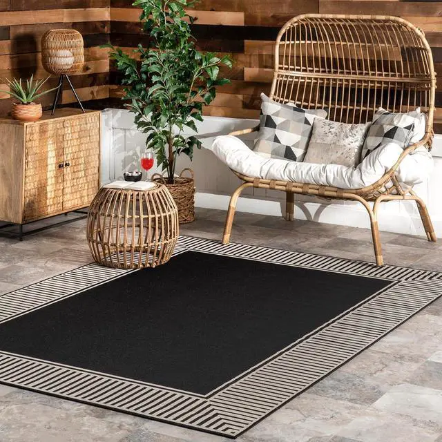 Main image of Nuloom Asha Black/Ivory, 5' x 8', Casual, Striped Border, Soft and Cozy, High Traffic, Stain Resistant, Easy Clean, Durable Area Rug for Indoor/Outdoor Patio, Deck, Porch, Garden, Courtyard